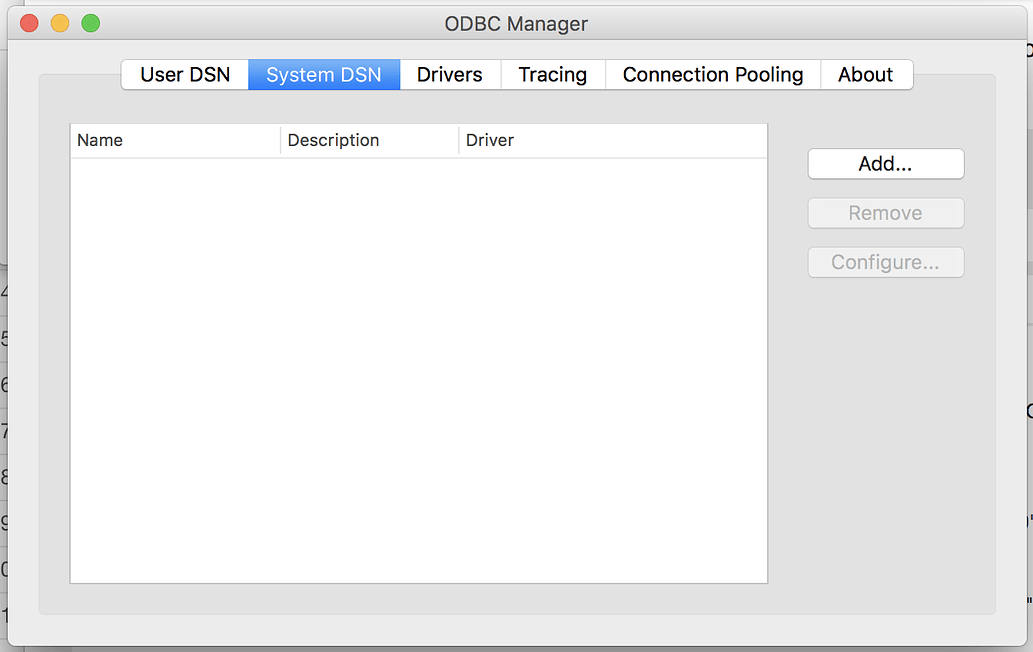 odbc manager mac add driver