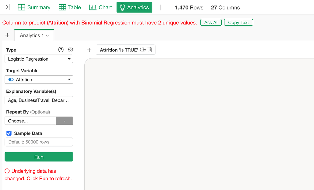 When Running predictive model in Analytics view "Column to predict ...